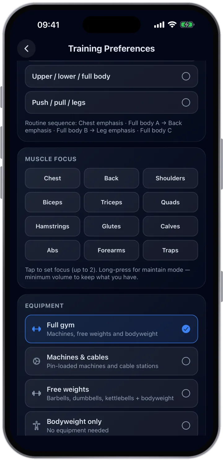 Muscle focus and equipment settings