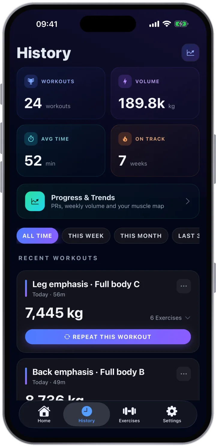 Workout history with volume and time