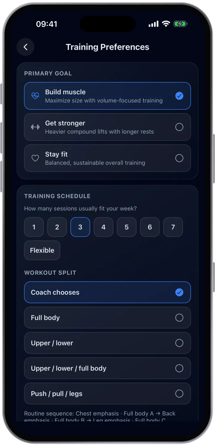 Training preferences: goal, sessions per week and split