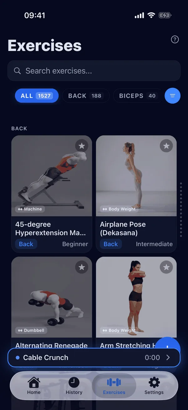 Exercise library with video previews