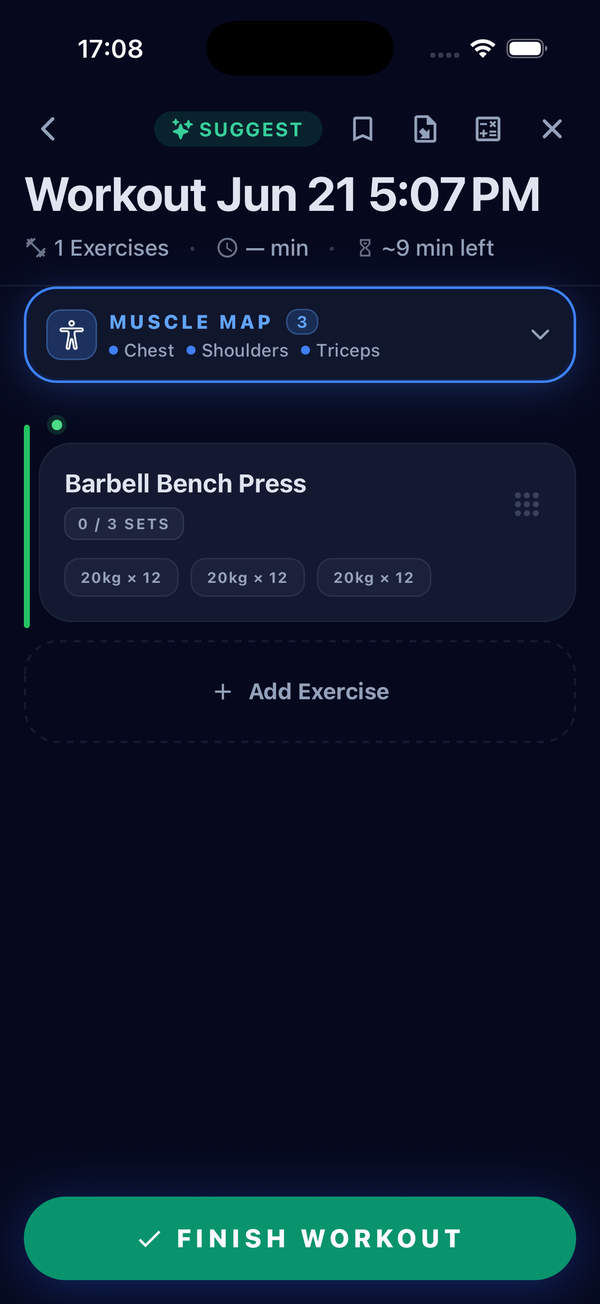 Workout overview with the muscle map and planned sets for Barbell Bench Press