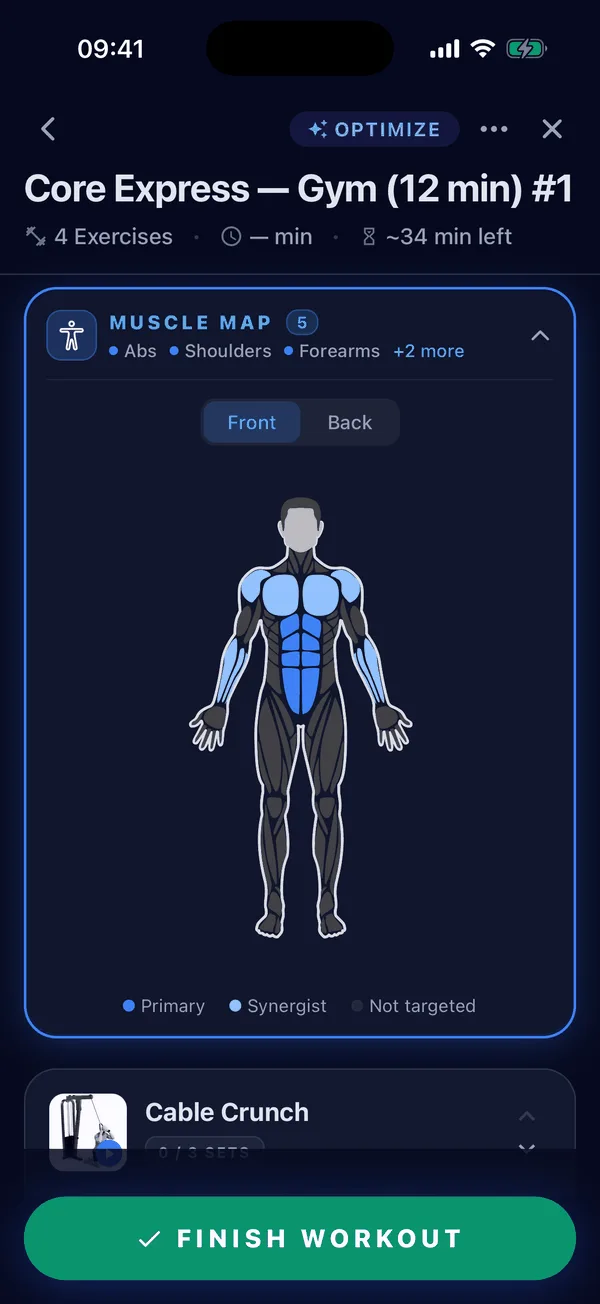Body map showing which muscles the session trains